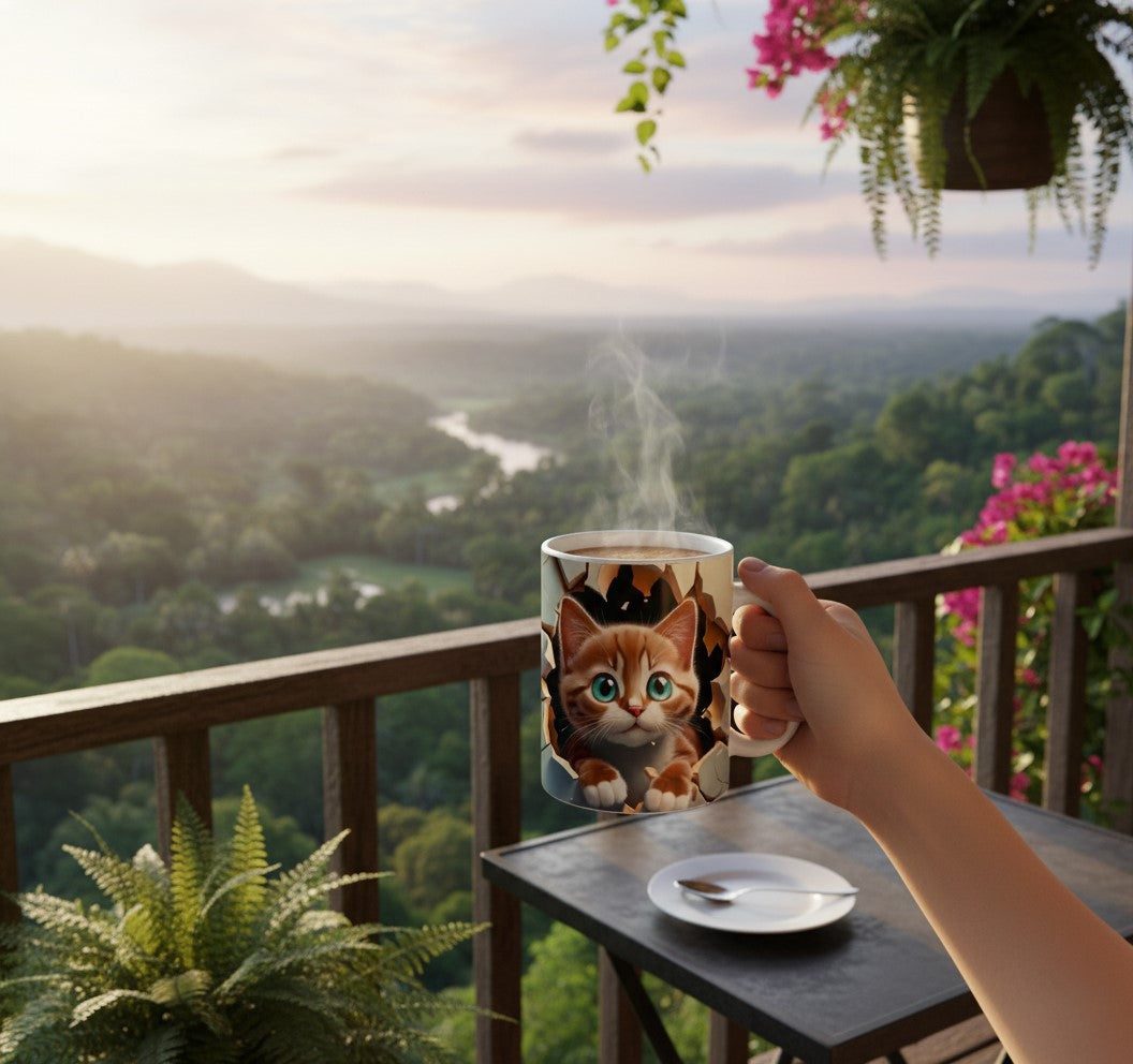 Printed Mug 3D Cat Hole In A Wall Design